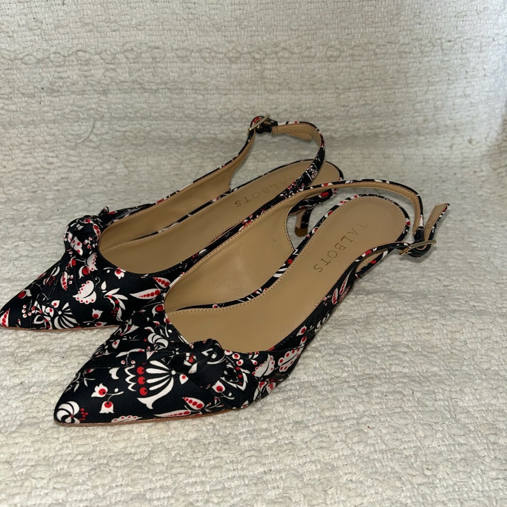 Talbots Sylvie Side Knot Slingbacks Paisley sz. 6 1/2 kitten Heel Black Red shoe